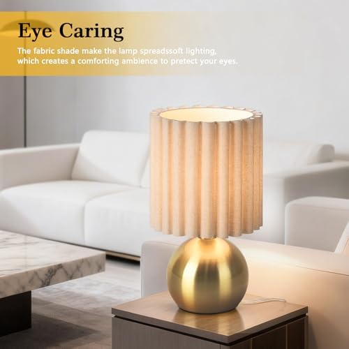 Ziqqeelam Gold Small Table Lamp with Scalloped Linen Shade, Mini Brass Gold Table Lamp for Bedroom Nightstand, Cute Desk Night Light for Living Room, Bookshelf, Kitchen Counter, Kids Room, Office