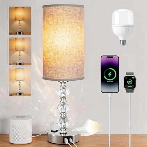 Crystal Table Lamp 14.6", 3-Way Dimmable with Touch Control, USB Charging Ports & AC Outlet, Bulb Included, – 3000K Warm White for Bedroom Living Room
