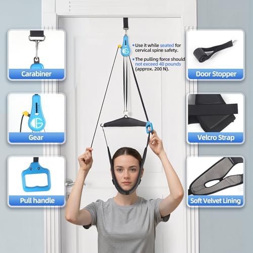 glitz Upgraded Neck Stretcher & Cervical Traction Device with Ratchet System – 50-200N Adjustable Over-Door Traction for Pain Relief & Spinal Decompression, Force-Limited Easy-Release Cord (2026 Ed.)