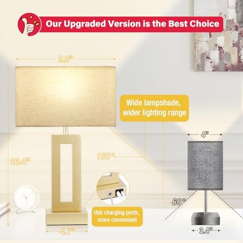Seealle Bedroom Table Lamps Set of 2 - Beige Gold Touch Bedside Lamps with USB C+A, 3 Way Dimmable Gold Lamp for Nightstand, Modern Night Stands Lamps for Living Room
