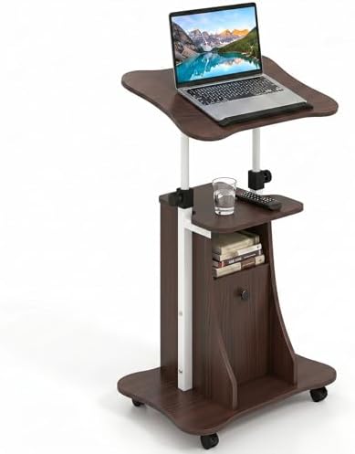 Tangkula Rolling Lectern Podium Stand, Height Adjustable Laptop Table with Tilting Tabletop & Storage Shelves, Compact Standing Desk with Lockable Casters for Home Office School (Brown)