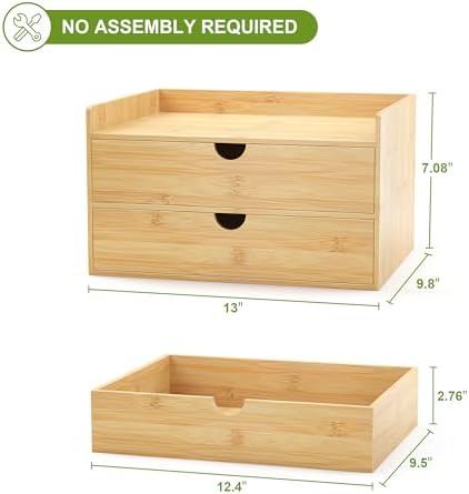 Bamboo Desk Drawer Organizer, Large Desktop Organizer with Drawers Tabletop Storage Organization Box for Office Home Toiletries Supplies Vanity, No Assembly Required (2 Drawer with Shelf)