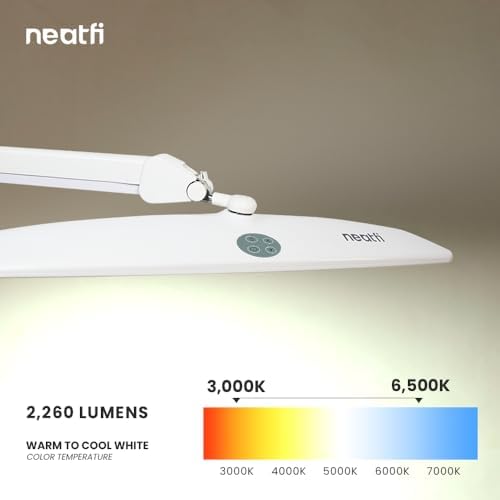 Neatfi Elite HD XL Task Lamp | 22-Inch Wide | 2,260 Lumens | 3 Color Temperature Modes | Non-Polar Dimming Desk Lamp (White-2, CCT with Clamp)