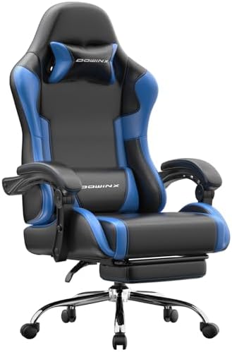 Dowinx Ergonomic Gaming Chair with Footrest & Massage Lumbar, 2D-Linkage Armrests for Computer Chair 330lbs with Headrest Pillow for Office, Home, Streaming and Long Gaming Sessions, Blue