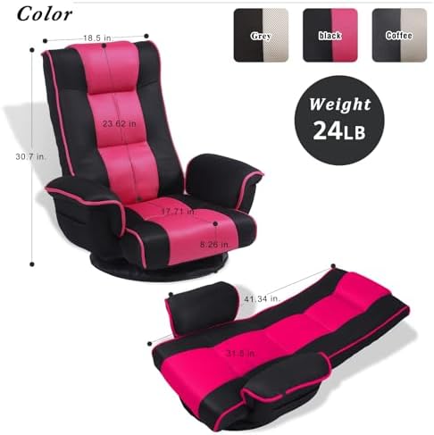 360° Swivel Floor Chair with Armrests, 14-Position Adjustable Floor Lounger for Adults, Foldable Reclining Chair for Living Room & Bedroom