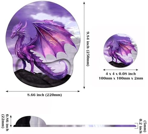 Ergonomic Mouse Pad Wrist Support and Cute Coffee Coaster, Non Slip PU Base Mouse Pad Wrist Rest for Computer, Office Gaming, Working, Easy Typing & Pain Relief, Purple Dragon