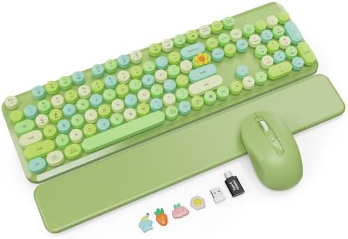 Wireless Keyboard and Mouse Combo, Magnetic Wrist Rest, Round Keycap, Green