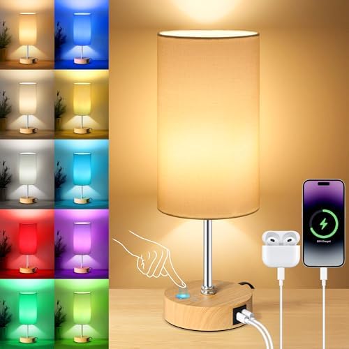 Unicozin Table Lamp with Wood Grain Base, 3 CCT 3000K/4500K/6500K & RGB Color Changing, Stepless Dimmable Small Bedside Lamp for Reading, Ambience Nightstand Light for Home Decor Party, White Shade
