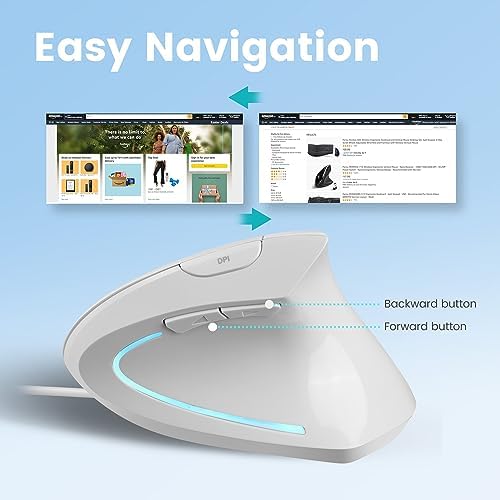 Perixx PERIMICE-513W Wired Ergonomic USB Mouse - 6 Buttons with 1000/1600 DPI - Vertical Right-Handed Design - White