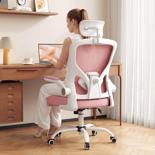 Office Chair, Ergonomic Desk Chair with Adjustable Lumbar Support, High Back Mesh Computer Chair and Headrest, Comfortable Gaming Chairs Rolling Swivel Task Chairs Flip-up Arms(Pink)