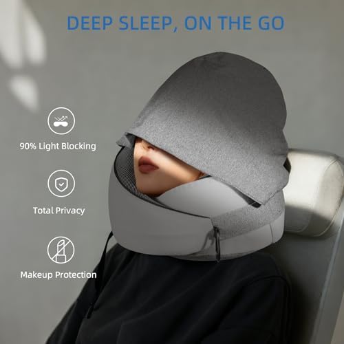 Travel Pillow for Airplane, Hooded Memory Foam Neck Pillow for Sleeping