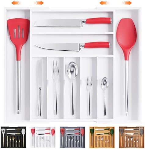 Bellsal Large Premium Bamboo Silverware Organizer - Expandable Utensil Drawer Organizer - 17"x19.6" Utensil Holder and Cutlery Tray with Grooved for Kitchen Flatware and Utensils(7-9 Slot, White)