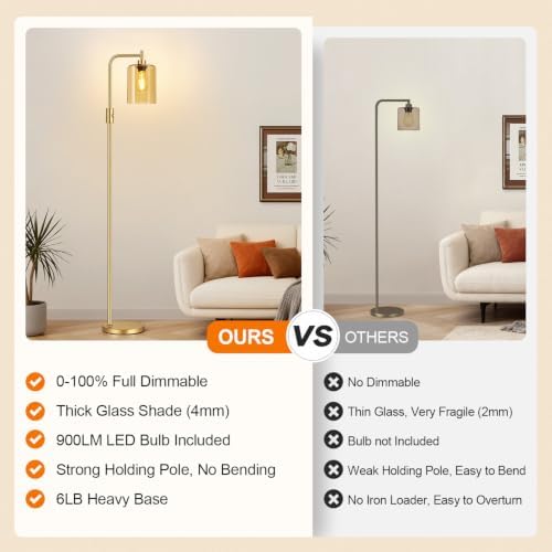 【Upgraded】 Dimmable Floor Lamp for Living Room with Amber Glass Lampshade, Gold Modern Glass Floor Lamp with 900LM LED Bulb Included, Arc Standing Tall Lamp for Bedroom, Office, Reading Room, Corner
