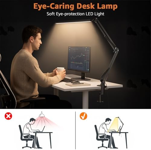 Upgrade Swing Arm LED Desk Lamp with Clamp, 80 LED Beads, 5 Color Modes & 11 Brightness Levels, 360° Adjustable Arm, Eye-Caring Light CRI95, Timer & Memory Function, for Office, Study, Crafting