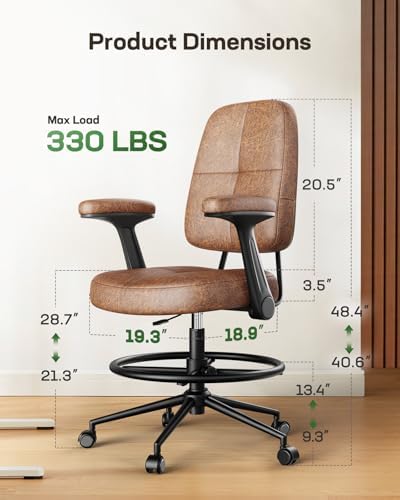 Marsail Drafting Chair with Flip-Up Armrests and Footrest, Ergonomic Tall Office Chair, Height Adjustable High Chair, Brown Leather Seat with Thick Cushion, 360° Swivel, Pack of 2