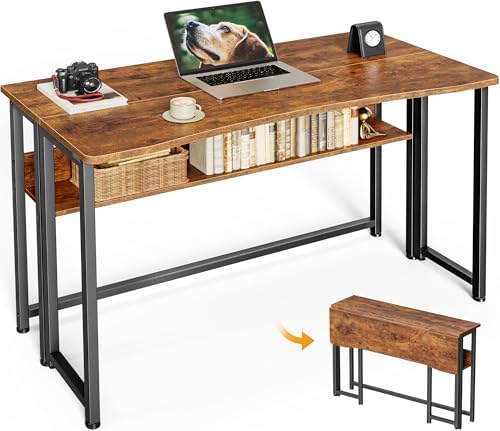 Huuger Folding Desk with Storage Shelf, 39.3 Inch Foldable Computer Table