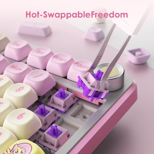 My Little Pony Fluttershy Wireless Mechanical Keyboard, [Official Hasbro Licensed] 101 Keys RGB Gaming Keyboard with Custom Linear Switches & Knob Control, 3-Mode (BT/2.4G/USB-C), Gift for MLP Fans