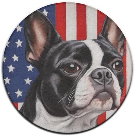 Home Decor Non Slip Kitchen Office Circle Rug, Machine Washable Modern Round Area Rug, Room Sofa Yoga Soft Round Carpet American US Flag Boston Terrier, 36inch