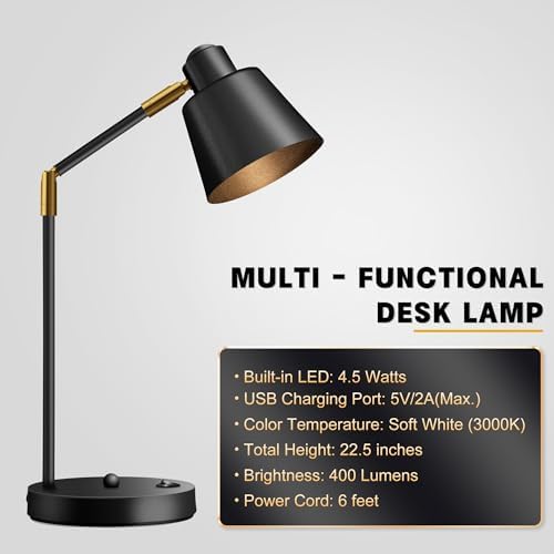 Anxingtools LED Desk Lamp with Dual USB Charging Ports, 100% Metal, 270° Swivel Arms, Soft White Light (3000K), Bedside Reading Lamp, Home Office Lamp (Black)
