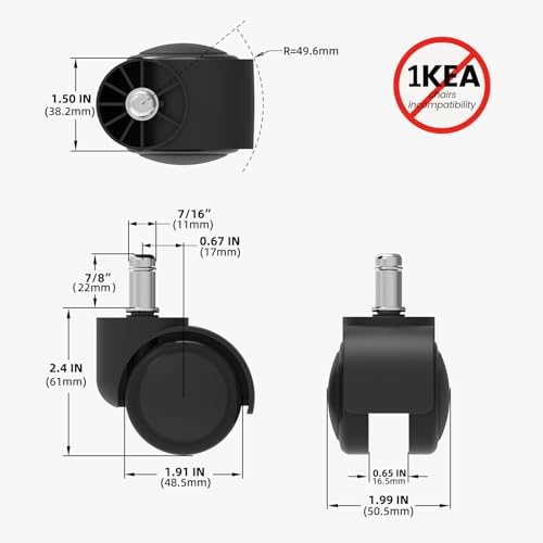 2 Inch Office Desk Chair Wheels Replacement, Computer Gaming Casters for Carpet Stem 7/16-7/8, Set of 5 for Furniture Hardwood Hard Floors Chair Castors Tile Smooth Safe Quiet Rolling 880 LB, Black