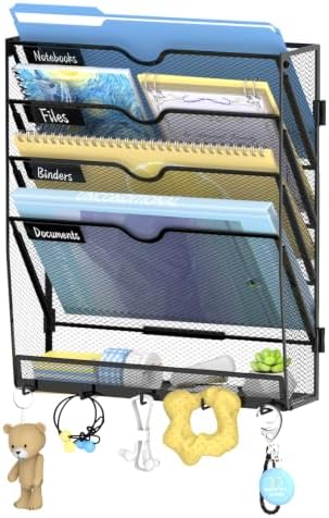 SUPEASY 5-Tier Wall File Organizer with Hooks, Wall Mounted Mail Organizer