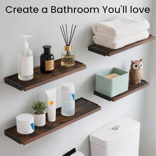 BAYKA Wall Mounted Floating Shelves (Dark Brown, Set of 4, 16" Mixed)