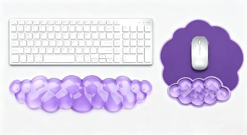 Mouse Pad with Wrist Rest, Soft Cloud Gel Keyboard Mouse Pad Set with Hand Wrist Support, Cute Non Slip Office Desk Accessories for Comfort/Pain Relief/Computer/Laptop (2Pc Purple Cloud)