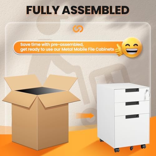 3 Drawer File Cabinet with Lock, Fully Assembled Metal Mobile Filing Cabinets for Home Office, Small Rolling File Caninet on Wheels for Legal/Letter / A4 File, White