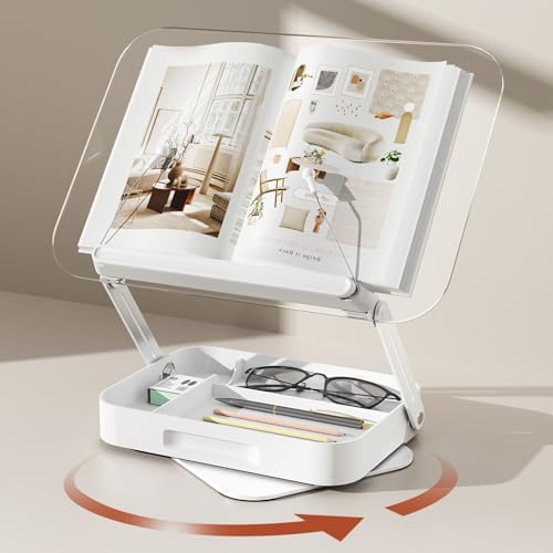 BYMECOST Acrylic Book Stand for Reading, Book Stand with Storage, White