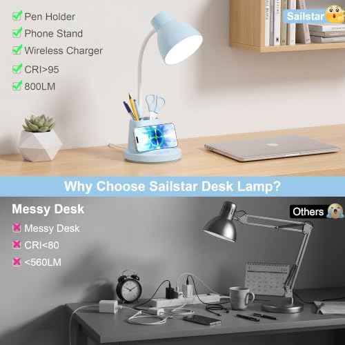 10W Wireless Charging LED Desk Lamp with Pen Holder, CRI 95, Blue