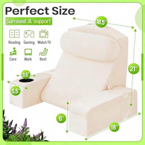 Reading Pillow for Adults, Back Pillow for Bed Sitting Up, Backrest Pillow for Sitting in Bed, Detachable Arms with Built-in Cup & Phone Caddy (Beige, 21 INCH)