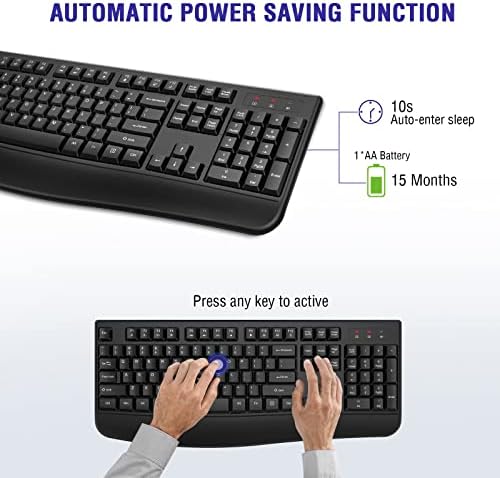 QUASIO Wireless Keyboard, 2.4G Full-Sized Ergonomic Wireless Computer Keyboard with Wrist Rest for Windows, Mac OS Laptop/PC/Desktop/Notebook(Black)