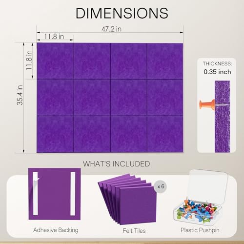 MaxGear Felt Bulletin Board 48" x 36", Violet Felt Wall Tiles Wall Decor