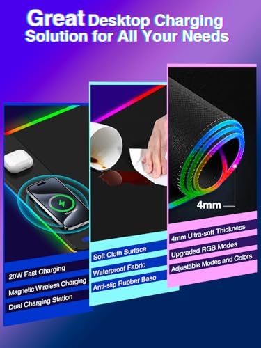 Magnetic Charging Mouse Pad 31.5x15.75, 15W Fast Wireless Charging Desk Mat, XXL Desk Pad RGB Gaming Mousepad, Home Office Large Keyboard Pad with Ultra-Smooth Surface, Non-Slip Base
