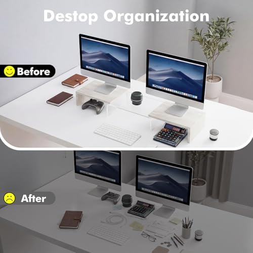 Dual Monitor Riser, Acrylic Monitor Riser with Keyboard Storage, Adjustable Angle & Length Computer Monitor Stand, Wide Desk Shelf for Top of Desk for Home Office_White Maple Look
