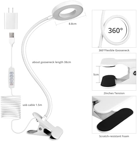 Woputne Desk Lamp Clip on Desk Reading Lights for Books in Bed (White)