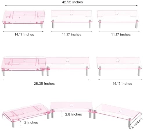 Pink Acrylic Dual Monitor Stand Riser,Laptop Riser Adjustable to 8 Angles