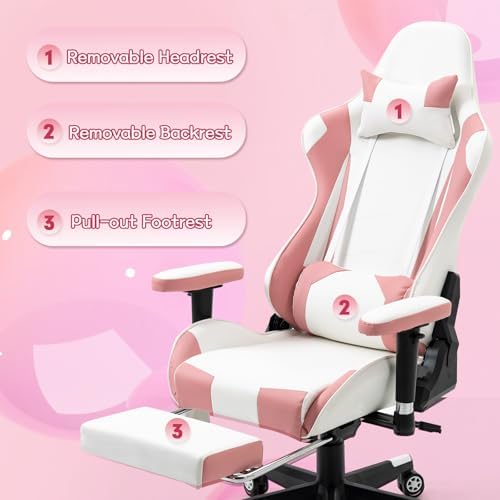 Pink-White Ergonomic High Back Massage Gaming Chair with Footrest