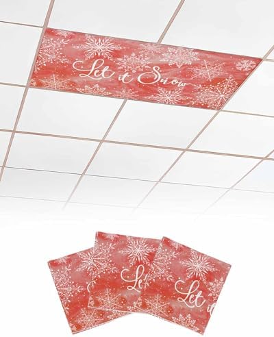 Red Snowflake Magnetic Fluorescent Light Covers for Ceiling Lights 2 x 4 Feet,Christmas Winter Festival Xmas Modern Office Classroom Kitchen Drop Ceiling Light Covers Lighting Shade Panel 3 Packs