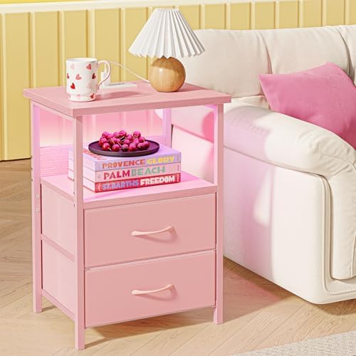 Fixwal Night Stand with Charging Station, Led Nightstand, Pink, 2 Drawers