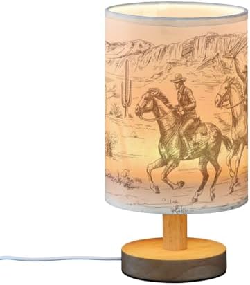Bedside Lamp Western Desert Cowboy Table Lamp for Bedroom LED Nightstand Lamp Shade USB Ports Wood Base for Living Room Dorm Office