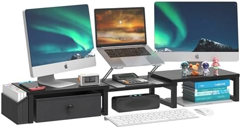 LAND·VOI Dual Monitor Stand with Drawer and Side Pockets, Monitor Riser for Desk, Home Office Desk Storage, Multi-Scenario Adaptation for Work and Entertainment, Black, HMS02BK