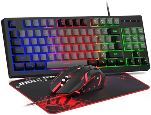 BlueFinger RGB 87 Keys Gaming Keyboard and Backlit Mouse Combo, USB Wired Rainbow Keyboard, Gaming Keyboard Set for Laptop PC Computer Game and Work(Black & Gray)