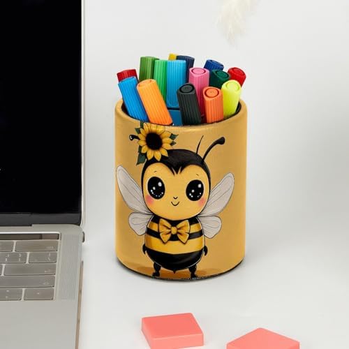 Bee Pen Holder Pencil Organizer Cute Pencil Cup Desk Decor Makeup Brush Holder PU Multifunctional Office Supplies for Home Classroom School