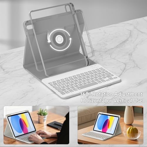 YBING Keyboard Case for iPad 10th Gen 10.9 inch (2022) & 11th Gen (A16, 2025), 7-Color Backlit Detachable Bluetooth Keypad & Rotatable Magnetic Case with Pencil Holder (Gray)