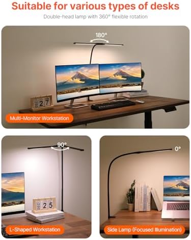 VEVOR LED Desk Lamp with Clamp, Double Head Architect Desk Lamp for Home Office, Eye-Caring Desk Light with 360° Adjustable Gooseneck, 50 Lighting Modes & Timer Function for Studying Working Drawing