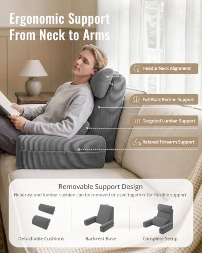 Blissful Diary Reading Pillow with Adjustable Neck & Lumbar Support, Gray