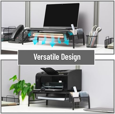 Mind Reader Monitor Stand, Ventilated Laptop Riser, Paper Tray, Storage, Office, Metal Mesh, 20"L x 11.5"W x 5.5"H, Black