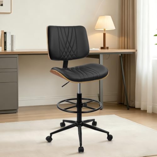 CLATINA Drafting Chair for Standing Desk, PU Leather Armless Tall Office Chairs with Adjustable Footrest Ring, Extended Height Ergonomic High Swivel Computer Chair with Bend Wood Backrest, Black, 6PK