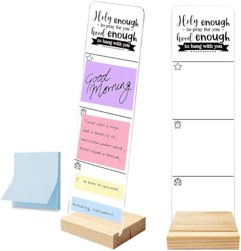 Sticky Note Holder,Monitor Memo Board, Acrylic Post It Note Holder with Wooden Base, Includes 100 Notes, Desk Organizer, Christian Quote “Holy Enough to Pray for You Hood Enough to Hang with You”